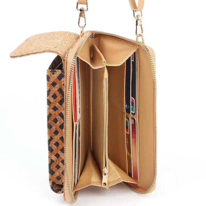 Interior view A compact adjustable strap crossbody and wallet in one, designed for hands-free convenience with timeless natural cork texture. 
