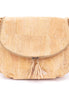 Front view of natural cork crossbody bag with tassel flap