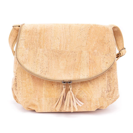 Front view of natural cork crossbody bag with tassel flap