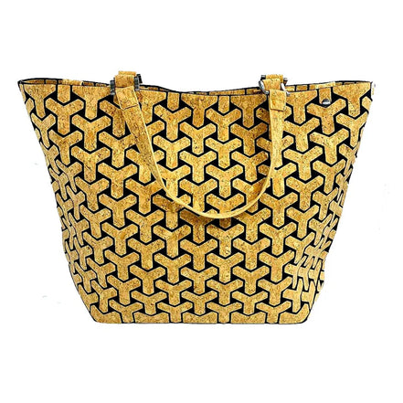 Cork geometric patterned handbag on a white background