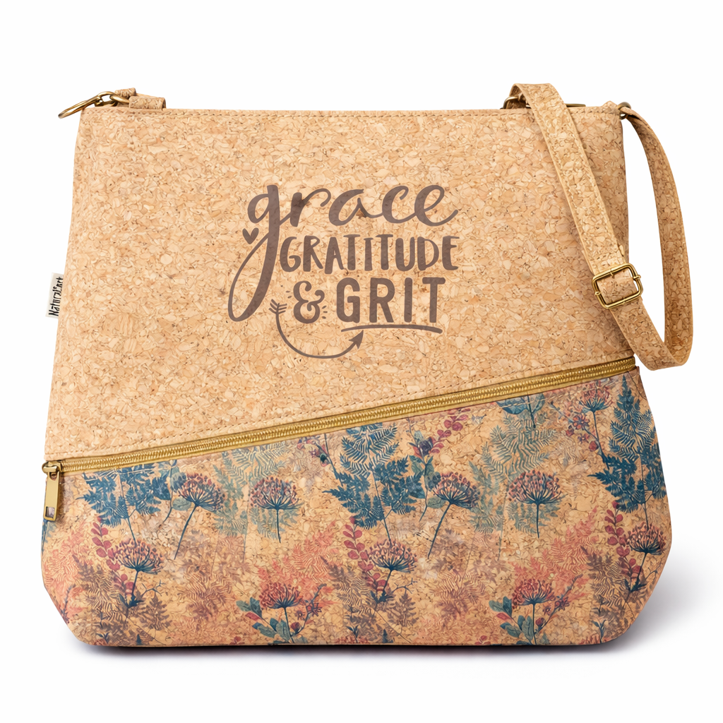 Grace gratitude and grit cork hand shoulder bag