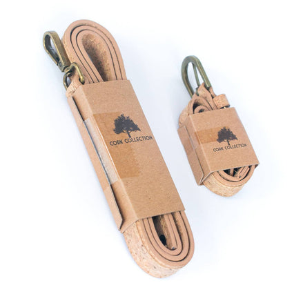Natural cork pet leash and collar set packaged in eco-friendly cardboard sleeves.