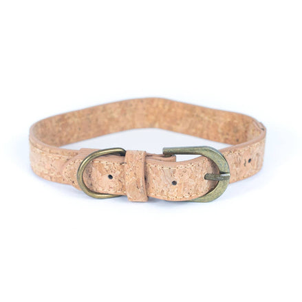 Adjustable natural cork dog collar with brass buckle, front view.