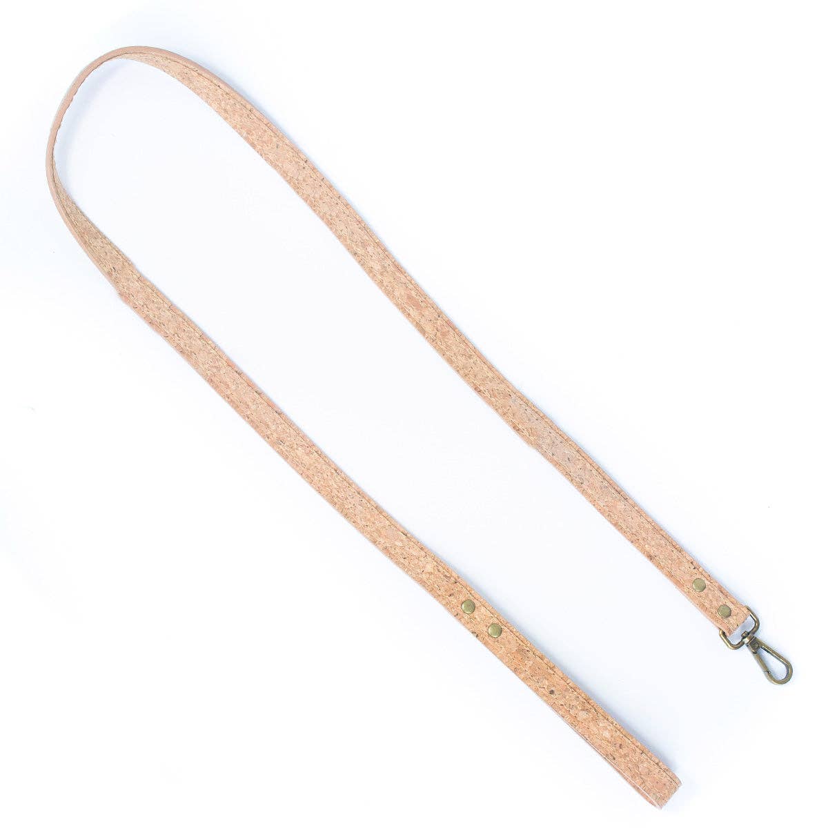 Full-length natural cork pet leash displayed flat with brass clasp.