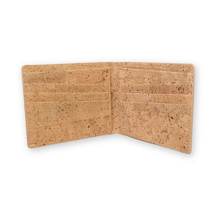Interior view Lightweight and durable, this bi-fold wallet is crafted from premium natural cork. Waterproof and equipped with RFID protection to keep your cards safe.