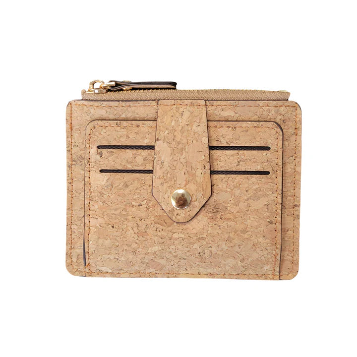 Natural mini cork wallet has 9 card slots and 1 ID section with zipper pocket in the middle for your cash and coins. 