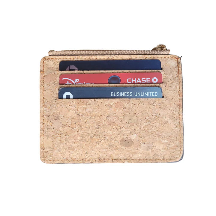 Natural mini cork wallet has 9 card slots and 1 ID section with zipper pocket in the middle for your cash and coins. 