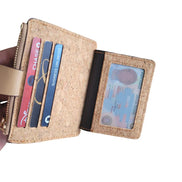 Natural mini cork wallet has 9 card slots and 1 ID section with zipper pocket in the middle for your cash and coins. 