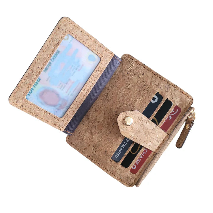 Natural mini cork wallet has 9 card slots and 1 ID section with zipper pocket in the middle for your cash and coins. 