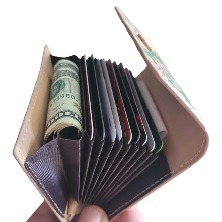 Interior view Natural cork, accordion-style wallet with spacious interior that has 9 card pockets. 