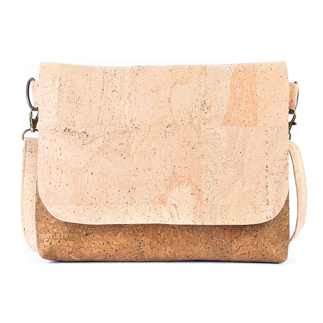 Natural cork crossbody shoulder bag with two-tone flap