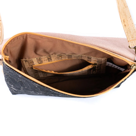 Interior view of cork shoulder bag with pockets and lining