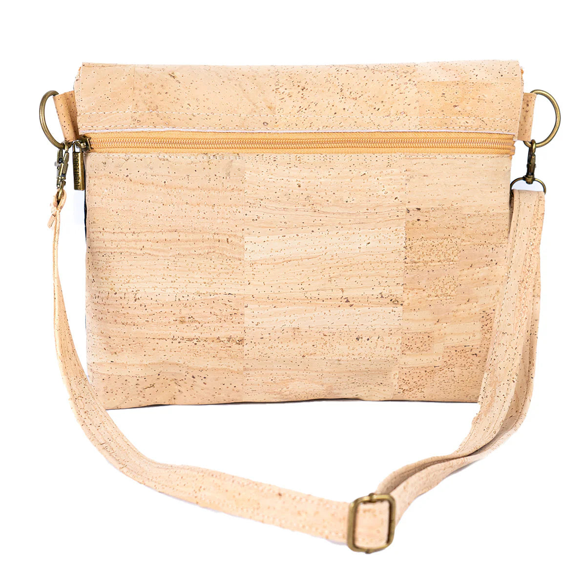 Back view of cork crossbody bag with exterior zipper pocket