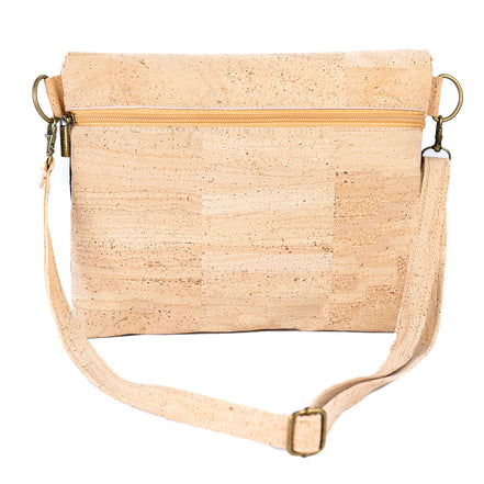 Back view of cork crossbody bag with exterior zipper pocket