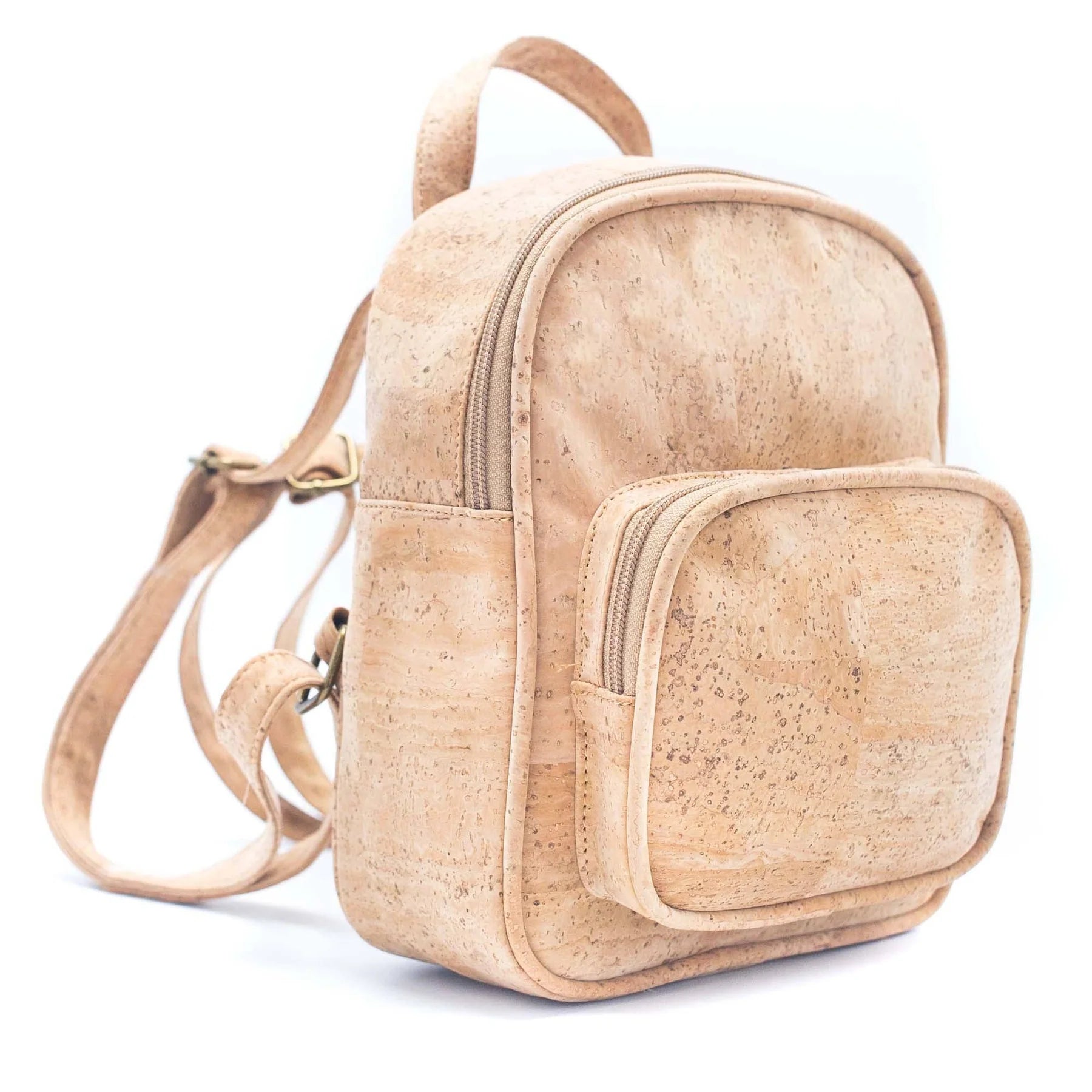 Natural cork backpack front view showing main pocket and front pouch
