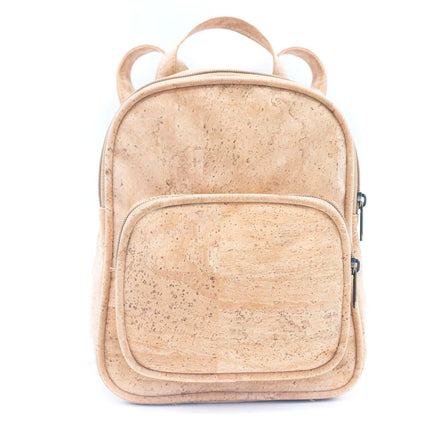 Natural cork vegan mini backpack front view with zipper pocket