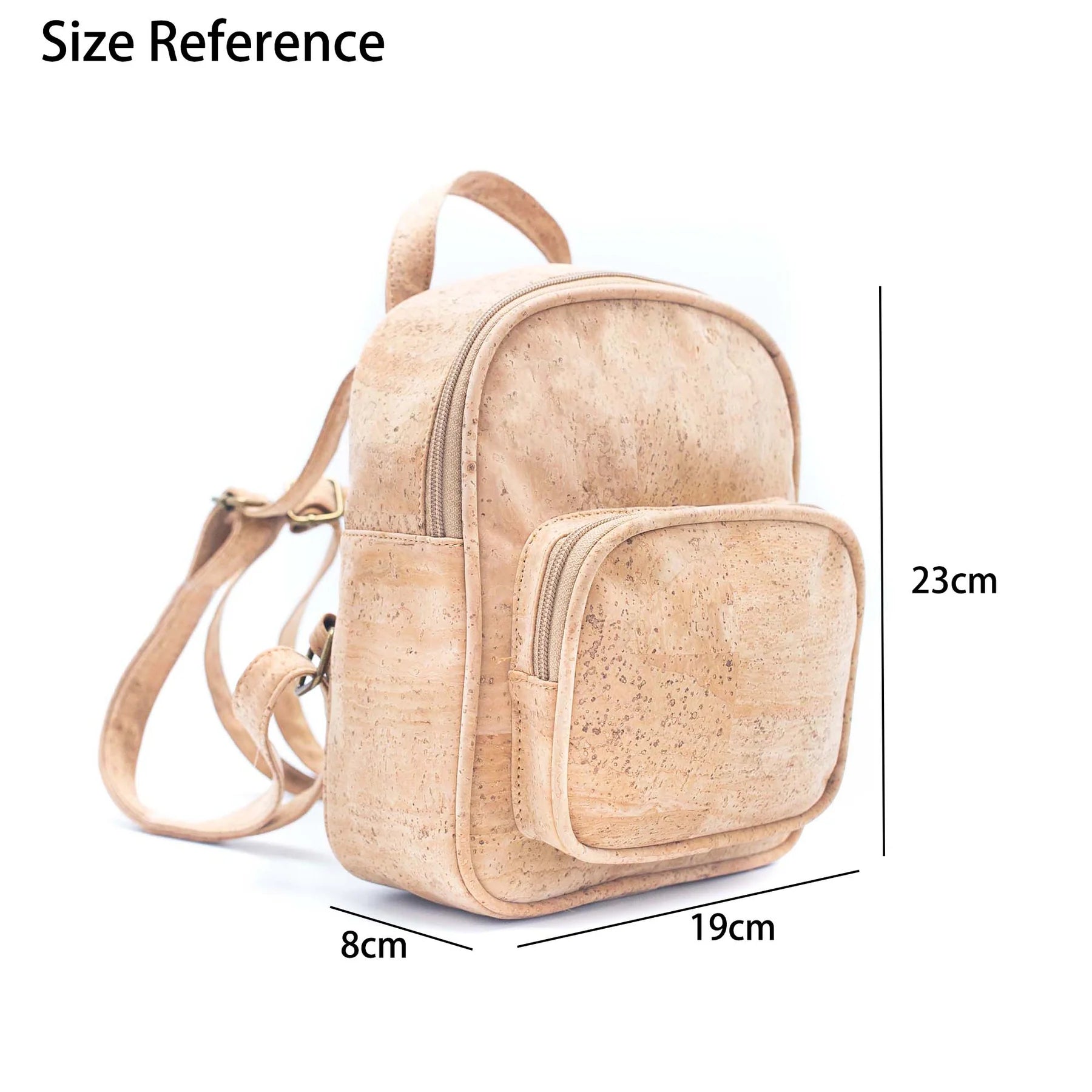 Size reference image showing dimensions of cork mini backpack