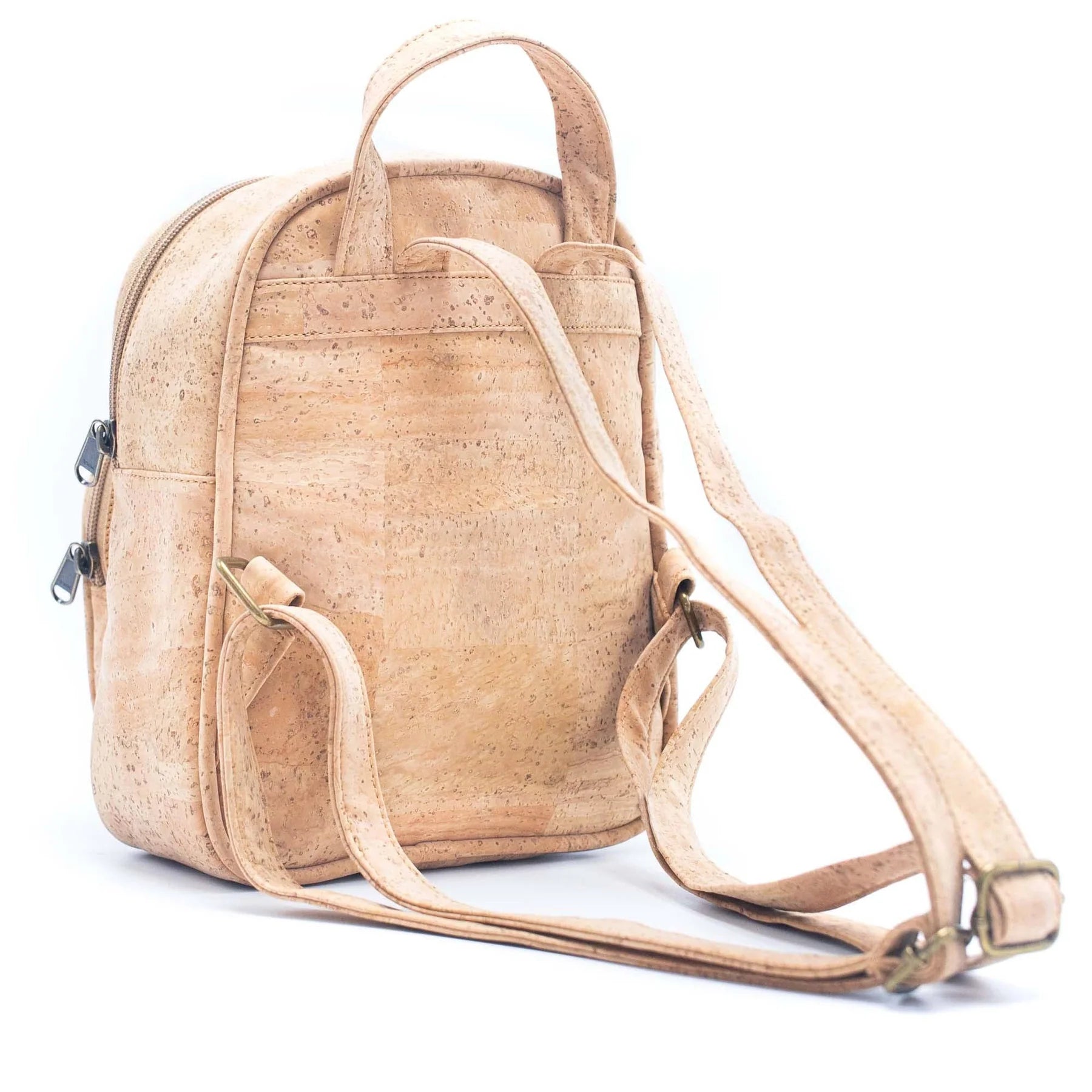 Back view of natural cork mini backpack with adjustable straps