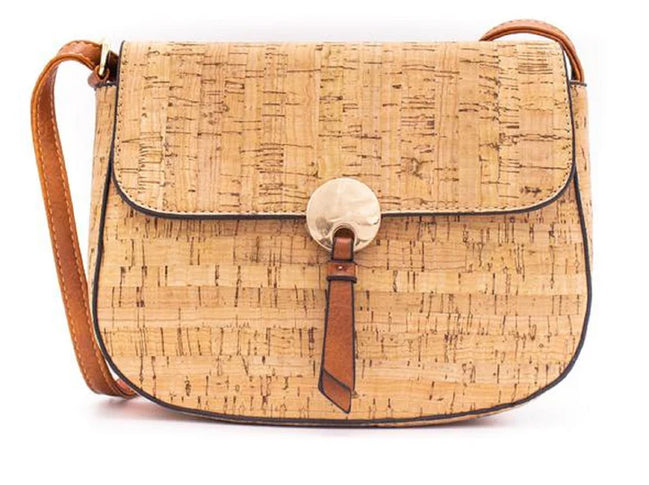 Natural cork crossbody bag front view with gold button detail and adjustable strap