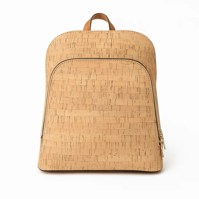 Front view of natural cork backpack with curved profile and zipper pocket