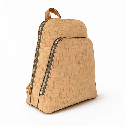 Side angle of vegan cork backpack showing double zipper design