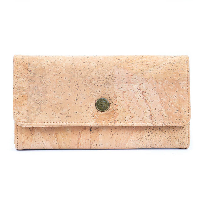 Front view of natural cork bifold women's wallet with snap button closure