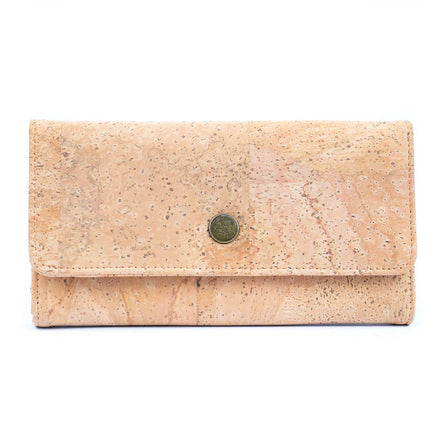 Front view of natural cork bifold women's wallet with snap button closure