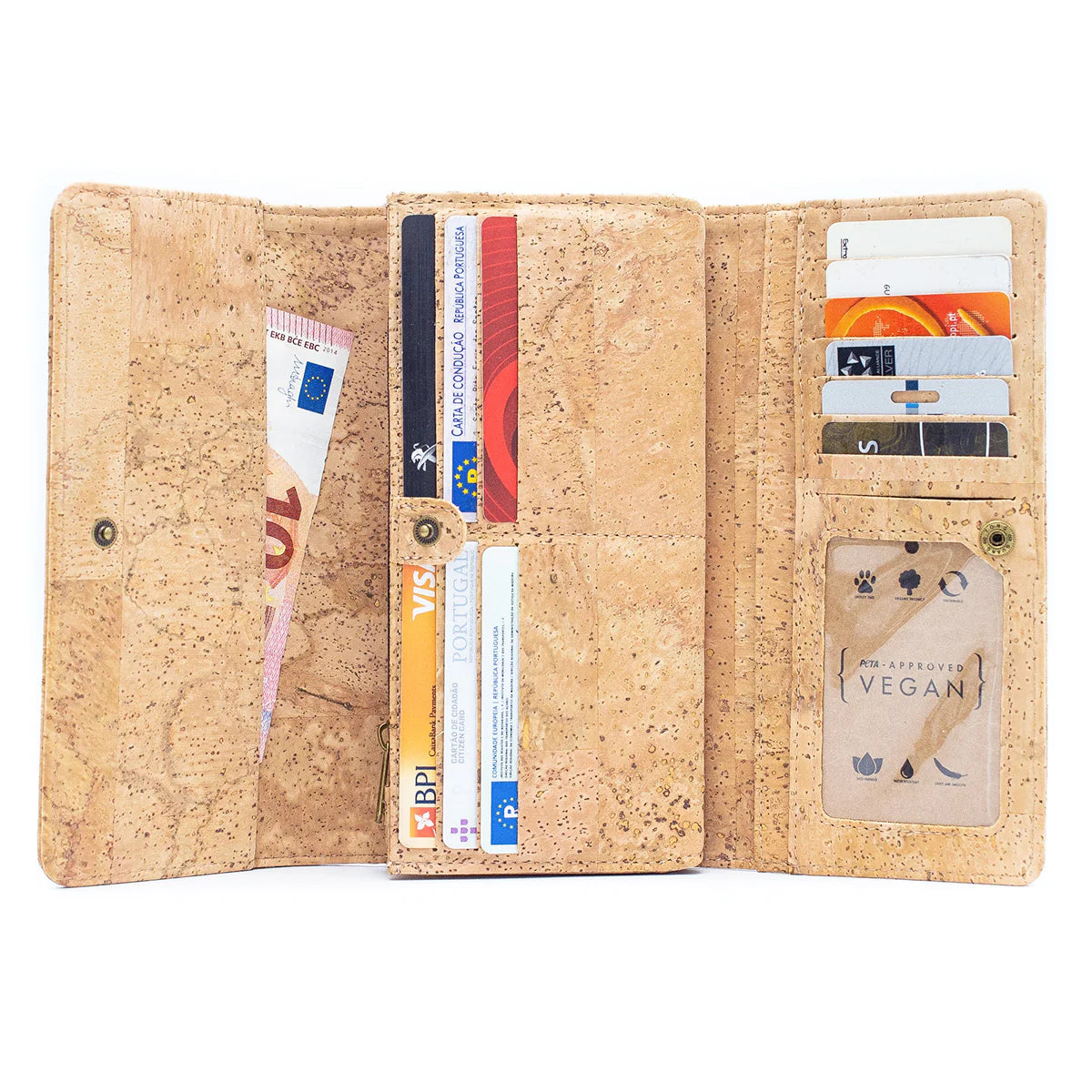 Interior of cork bifold wallet showing ID window, card slots, and cash compartments