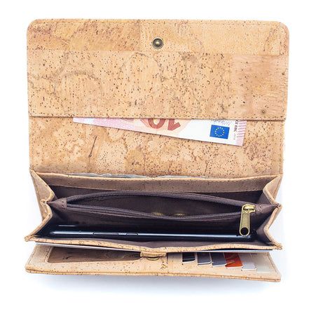 Top view of cork wallet displaying interior zipper pocket and organized bill slots