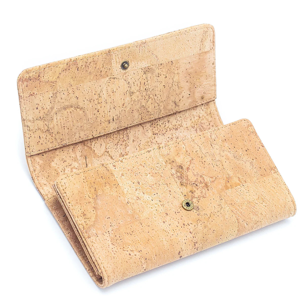 Angled view of vegan cork wallet showing spacious compartments and button snap