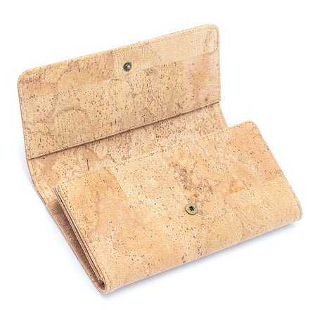 Angled view of vegan cork wallet showing spacious compartments and button snap