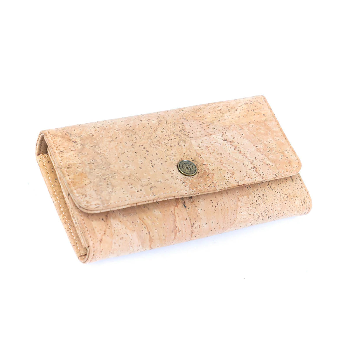 Angled closed view of natural cork bifold women‚Äôs wallet