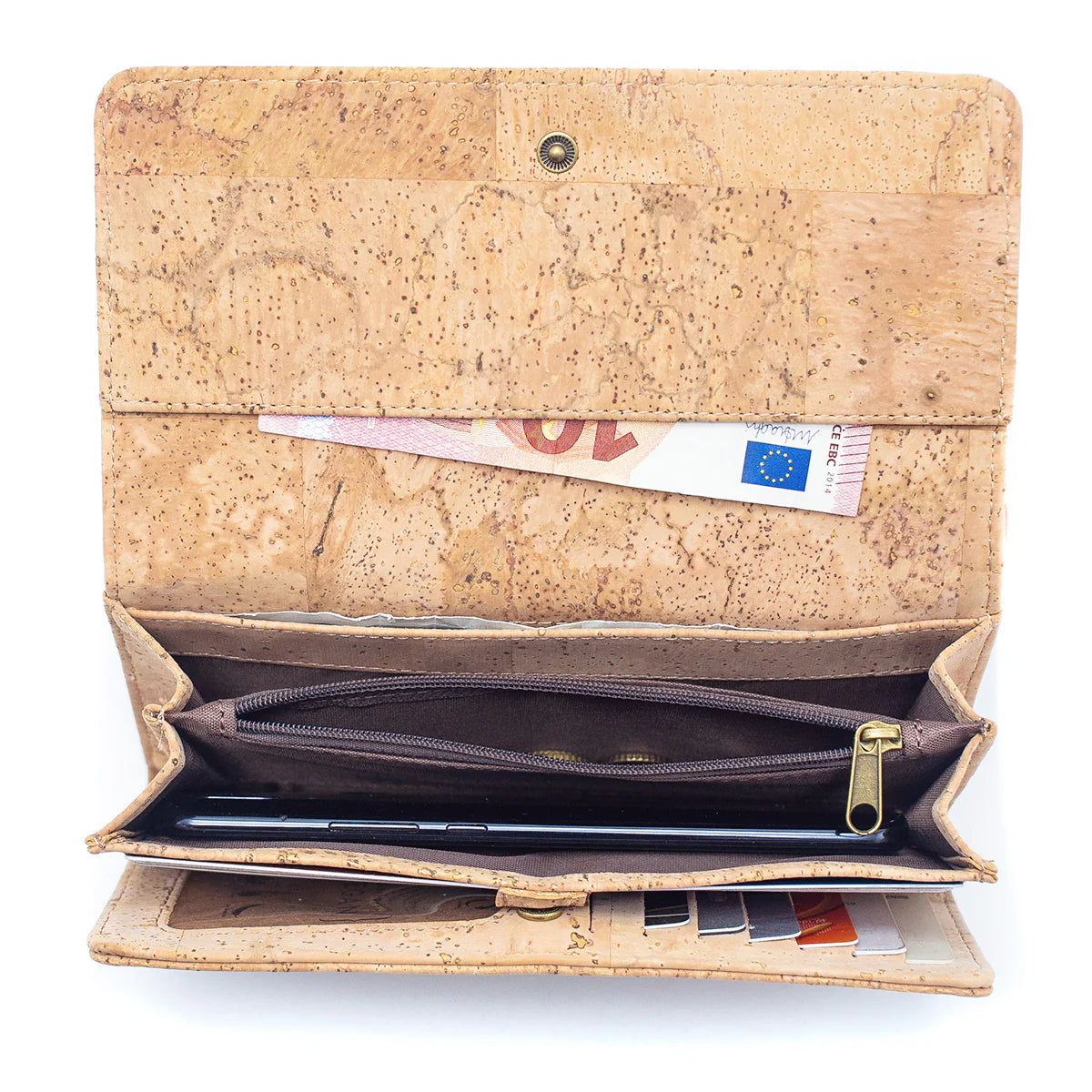 Interior view  natural cork bifold women's wallet with snap button closure