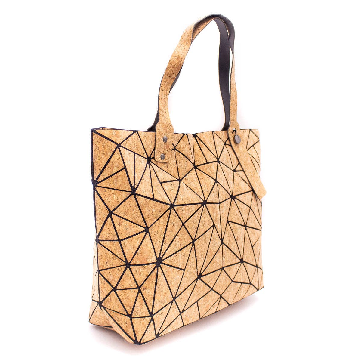 Side view of eco-chic geometric cork handbag