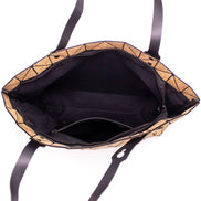 Interior view Geometric print cork tote bag with black triangular pattern and adjustable handles