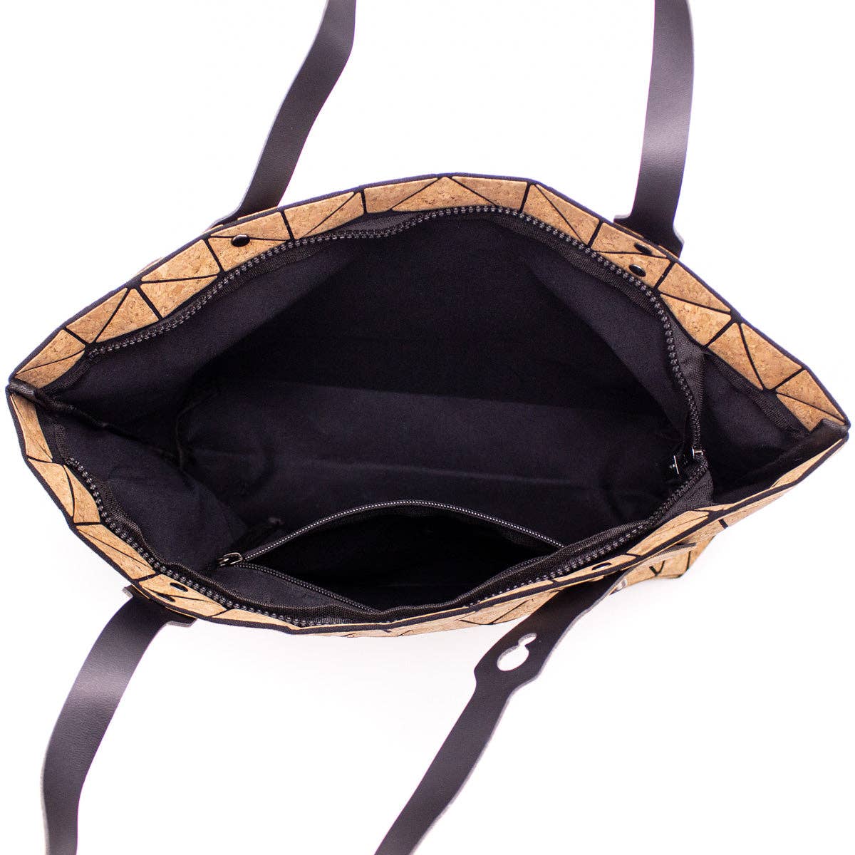 Interior view Geometric print cork tote bag with black triangular pattern and adjustable handles
