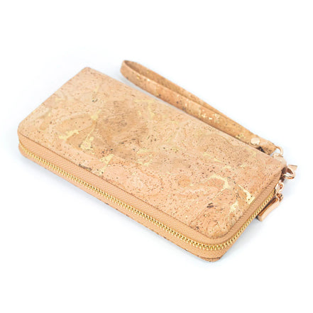 Natural golden accent cork women‚Äôs zippered wallet with wristlet strap