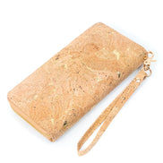 Back view of golden cork women‚Äôs zip wallet with wristlet