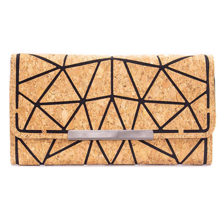 Trifold geometric vegan cork wallet with black pattern and metal accent