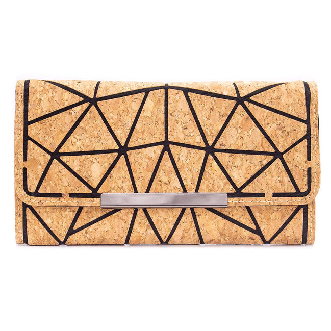Trifold geometric vegan cork wallet with black pattern and metal accent