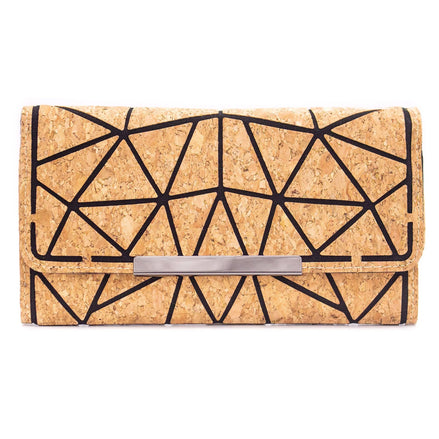 Trifold geometric vegan cork wallet with black pattern and metal accent