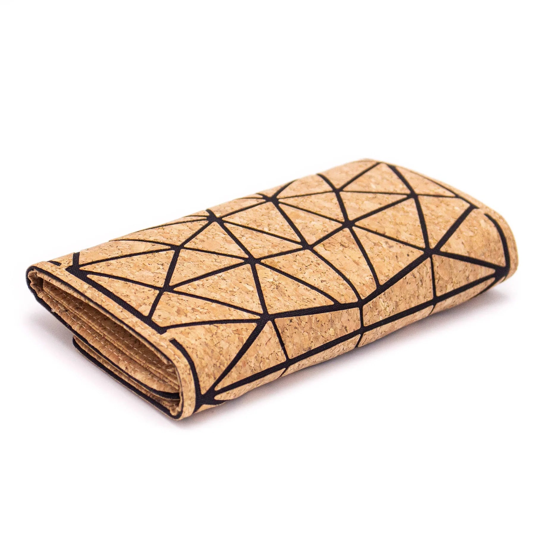Trifold geometric vegan cork wallet with black pattern and metal accent