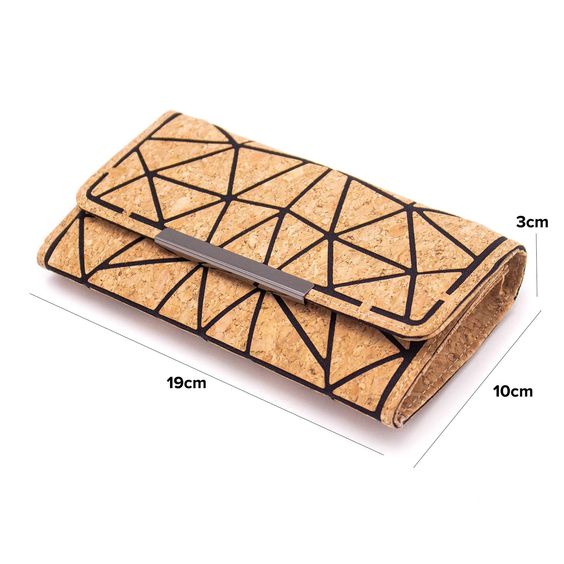 Trifold geometric vegan cork wallet with black pattern and metal accent
