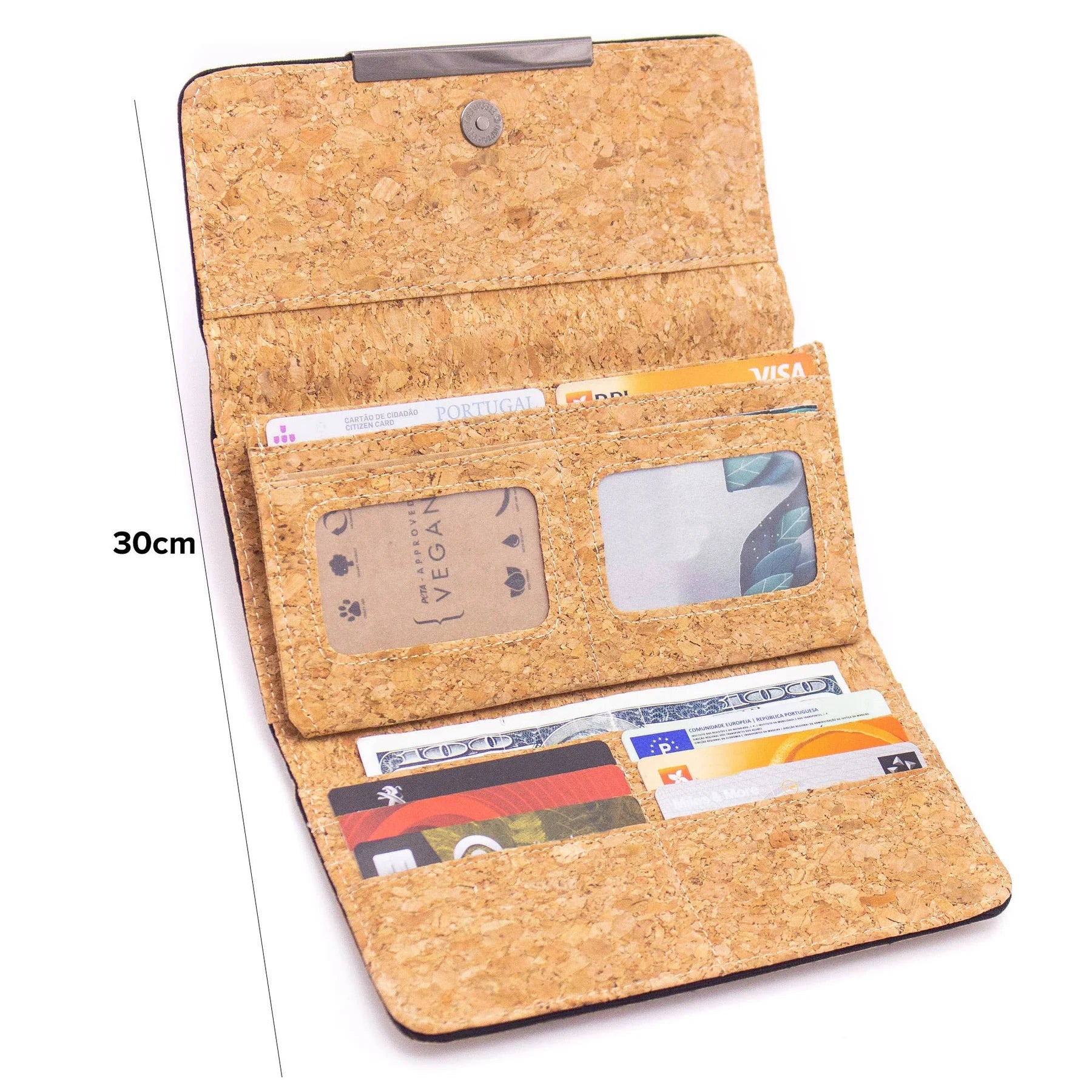 Sustainable cork women‚Äôs trifold wallet ‚Äì interior compartments view