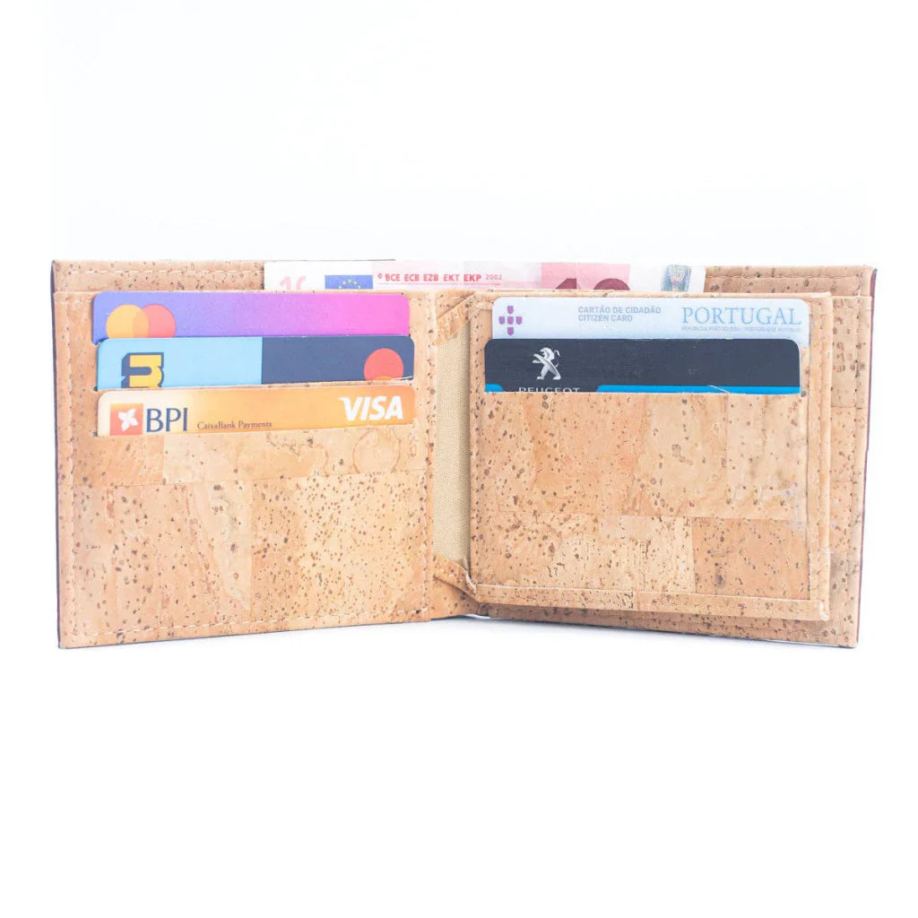 Cork wallet interior with cards and cash shown
