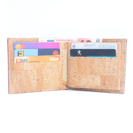 Cork wallet interior with cards and cash shown