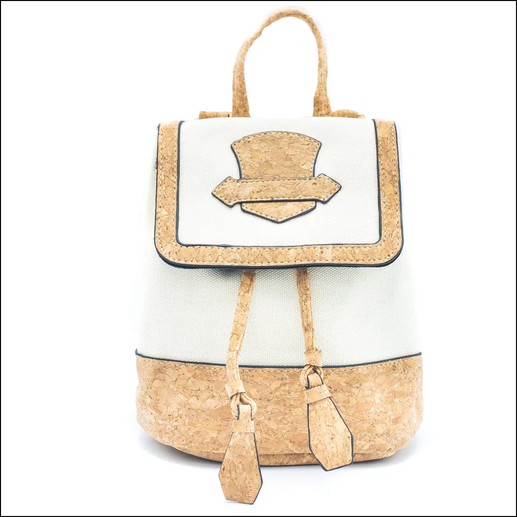 Backpack with cork design and white front panel on a white background