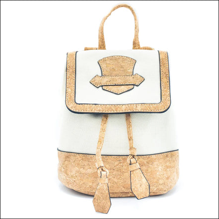Backpack with cork design and white front panel on a white background