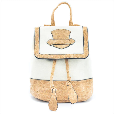 Backpack with cork design and white front panel on a white background