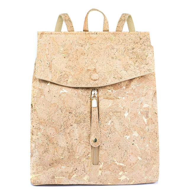 Natural cork backpack with gold flecks on white background ‚Äì front view